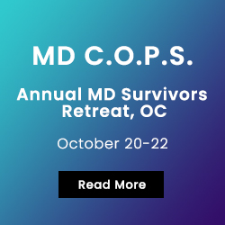 blue and purple graphic for MD COPS annual MD survivors retreat, OC